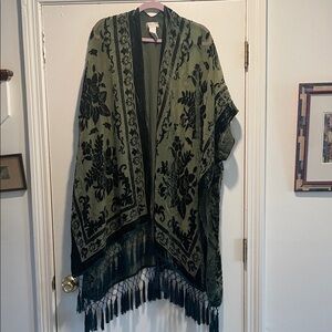 Free People Knightbird Olive Green Velvet Floral Fringe Kimono